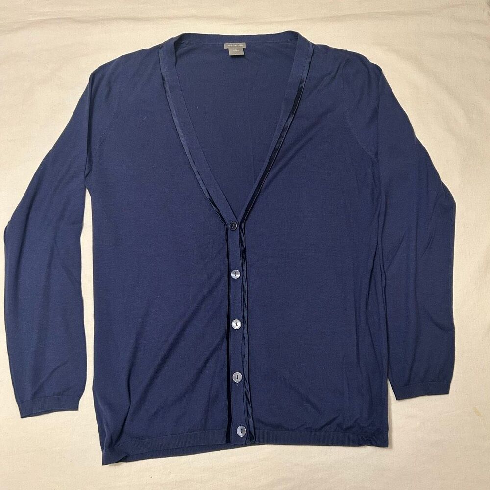 Ann Taylor Silk Blend Cardigan XL Blue | Satin Ribbon Trim Button Front Classic